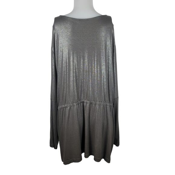 Ulla Popken Gray Silver Shinny V Neck Button Up Draw String Waist Blouse 28/30 - Picture 2 of 4